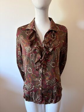 Lafayette  148 New York Paisley Ruffle Front
Silk Boho Blouse V Neck Size 8